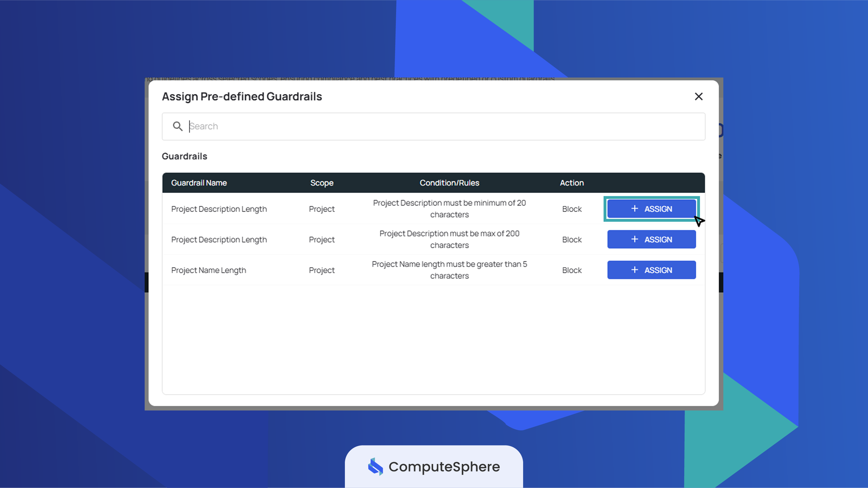 Predefined guardrail picker with Assign action