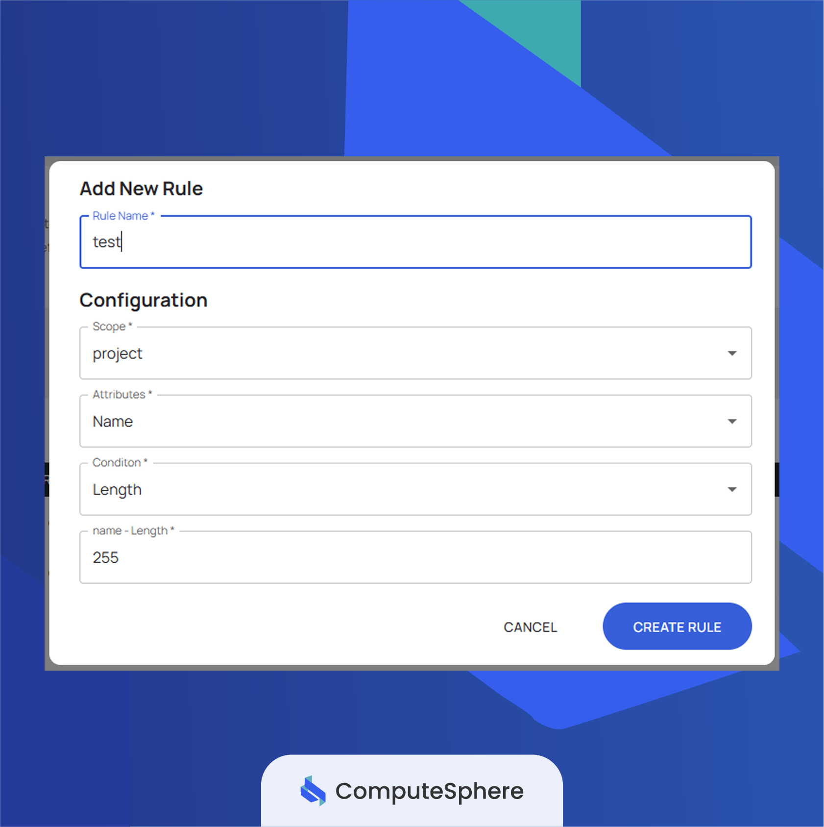 Rule editor with scope, attribute, operator, and value