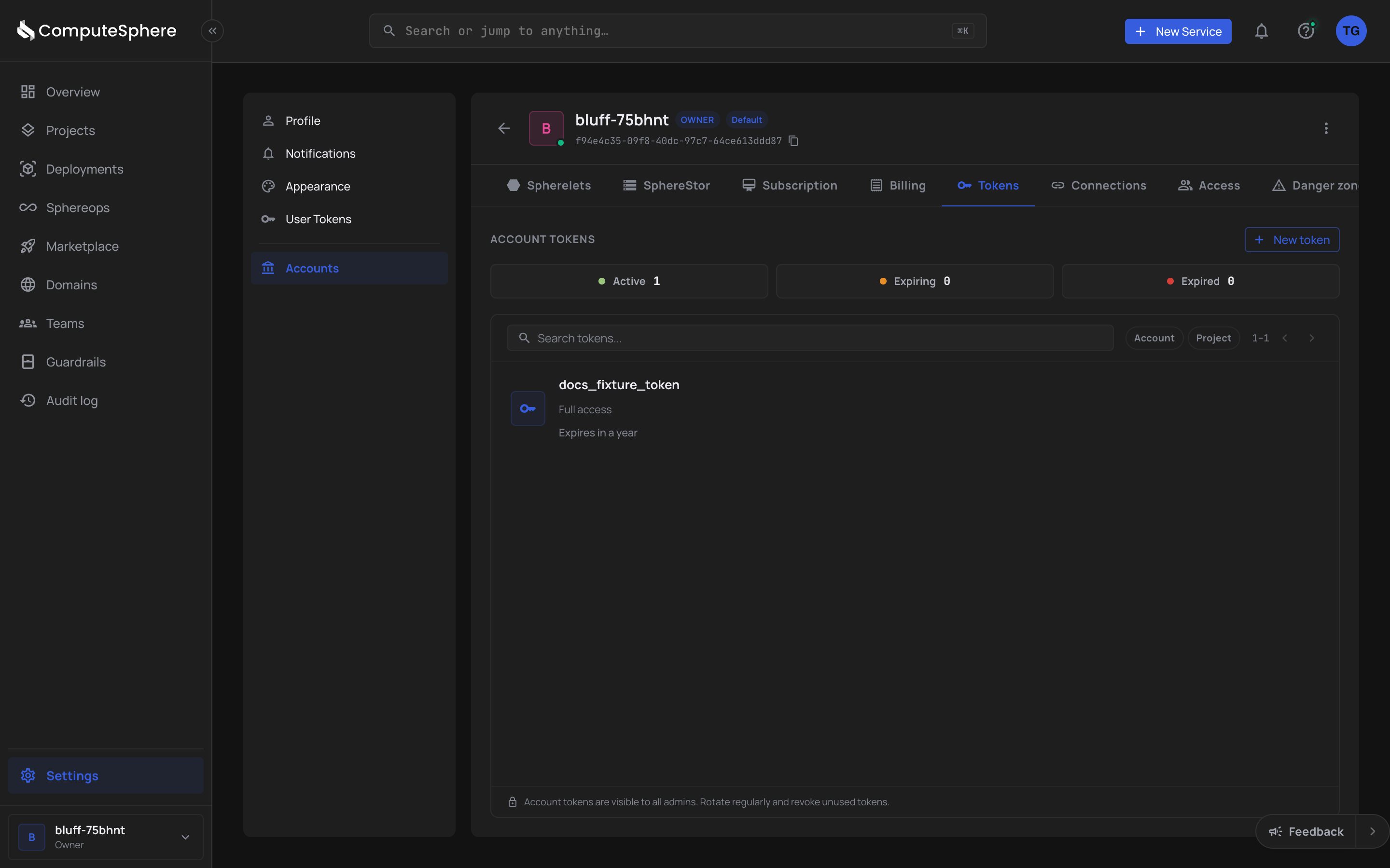 Account Tokens list