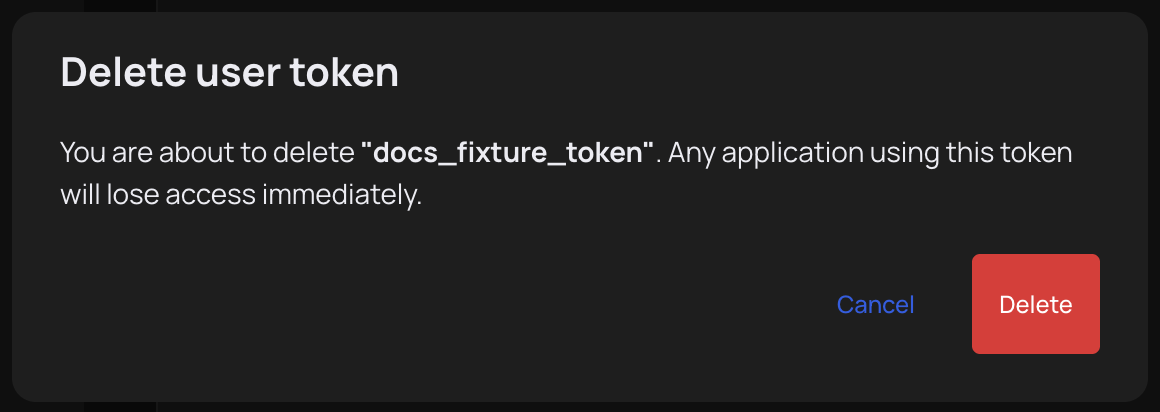 Delete token confirmation modal