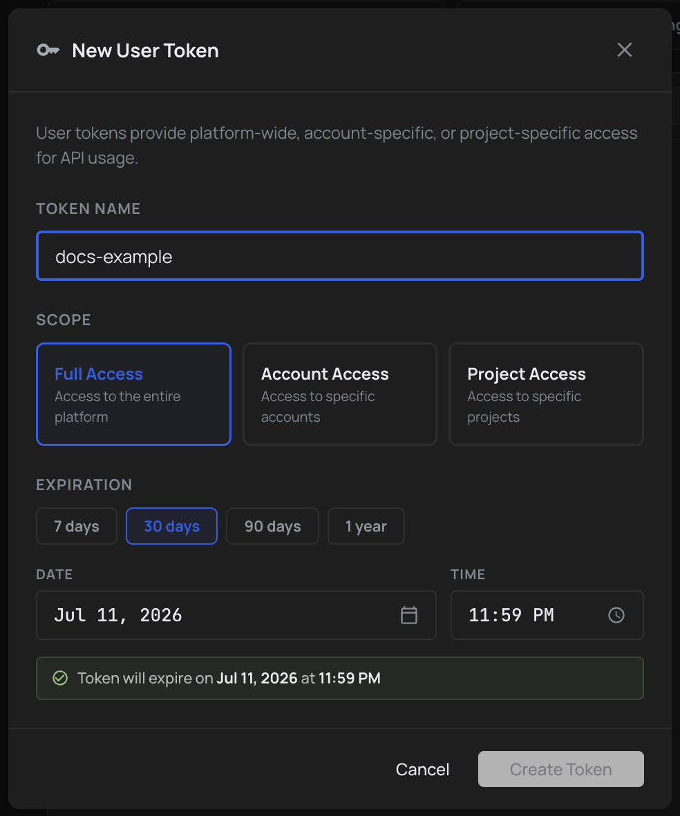 New User Token modal