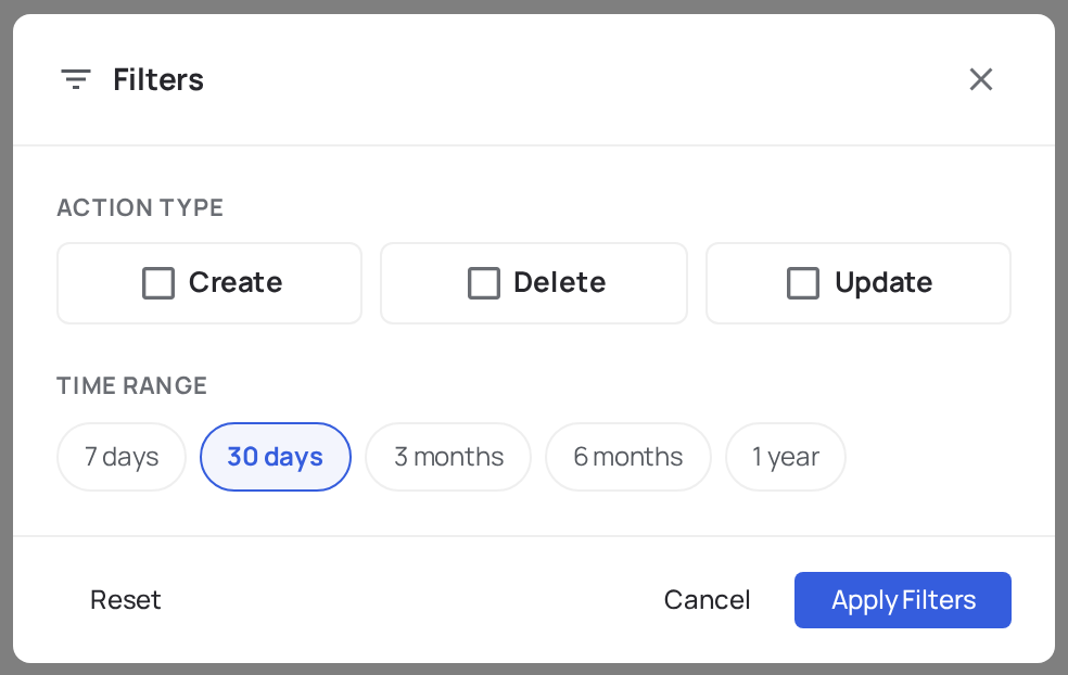 Activity Filter modal with module, action, and actor controls