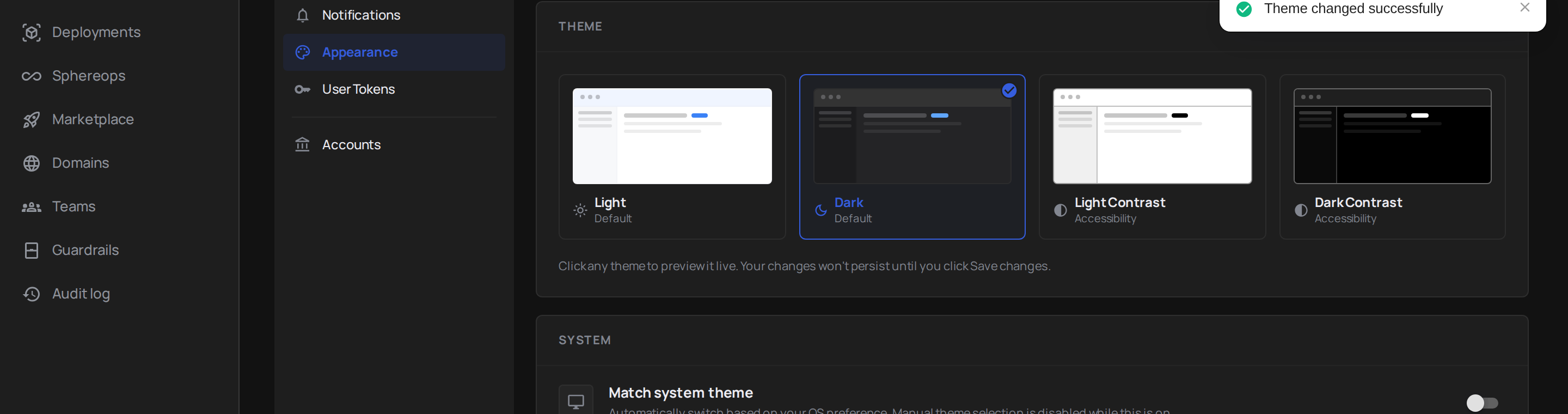 Manual theme picker with four theme options visible