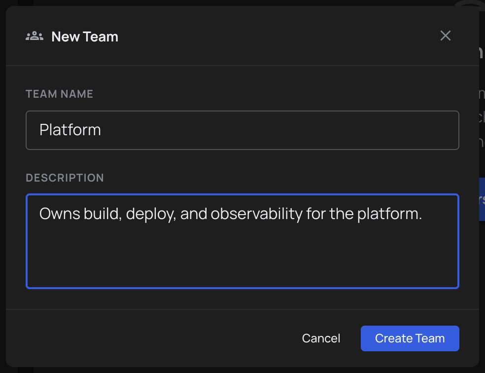 Create Team modal with the Name and Description fields