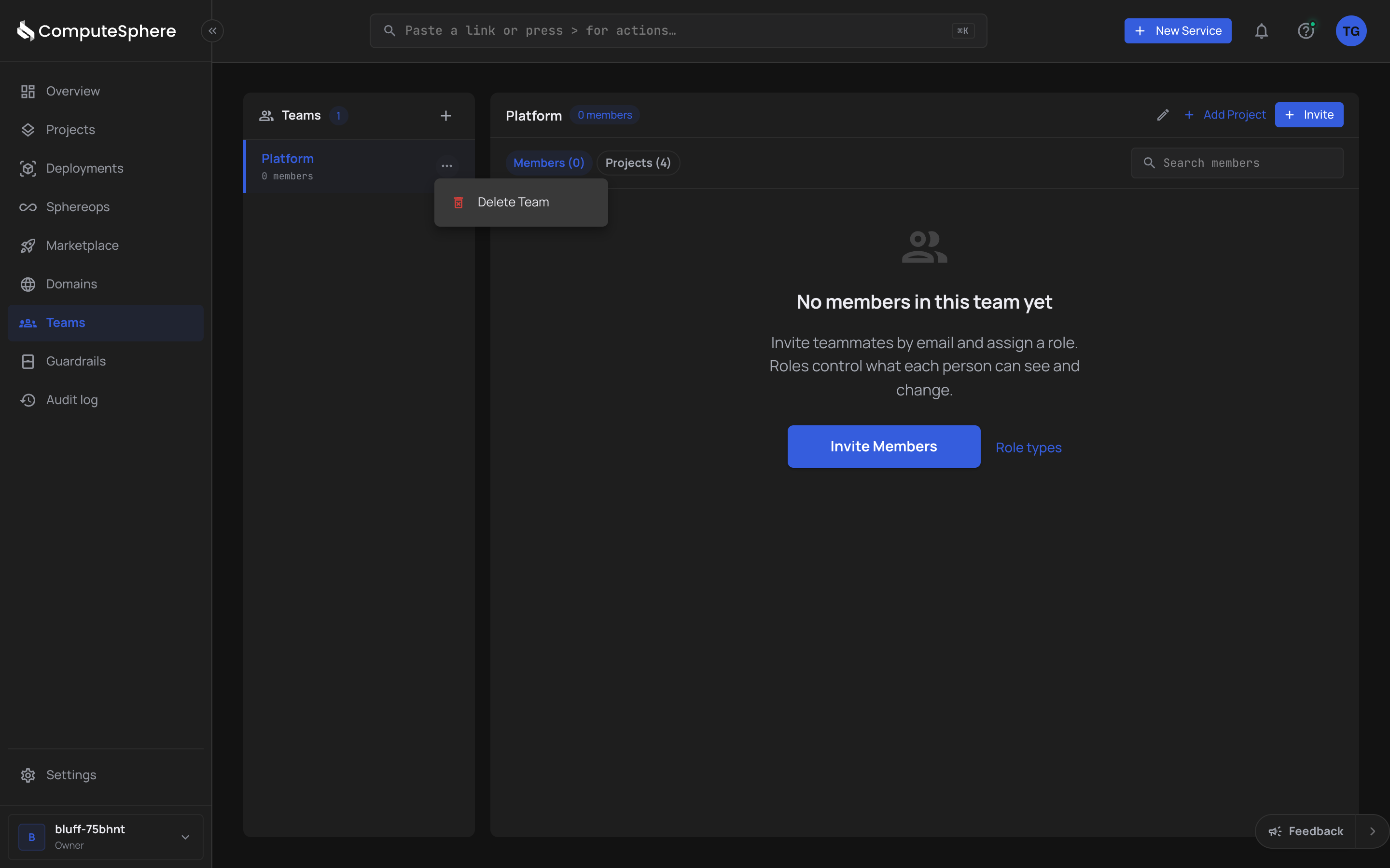 Team row actions menu with Delete highlighted