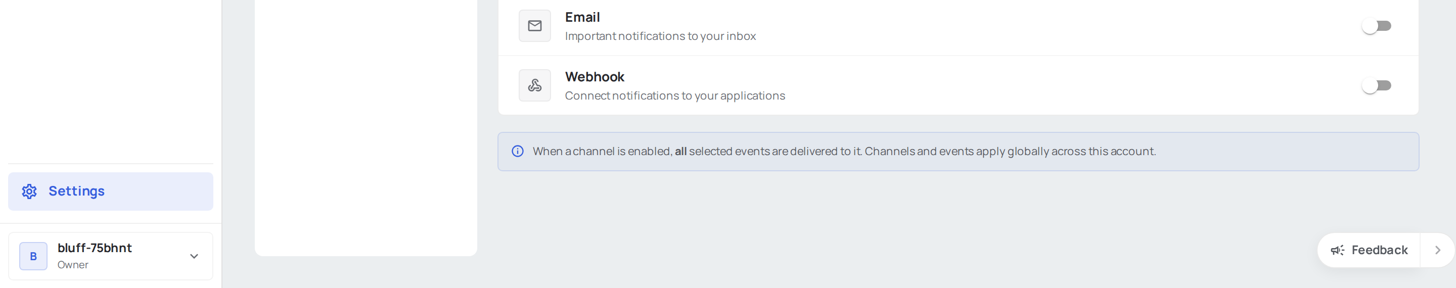 Email channel configuration showing email address input field and enabled toggle switch