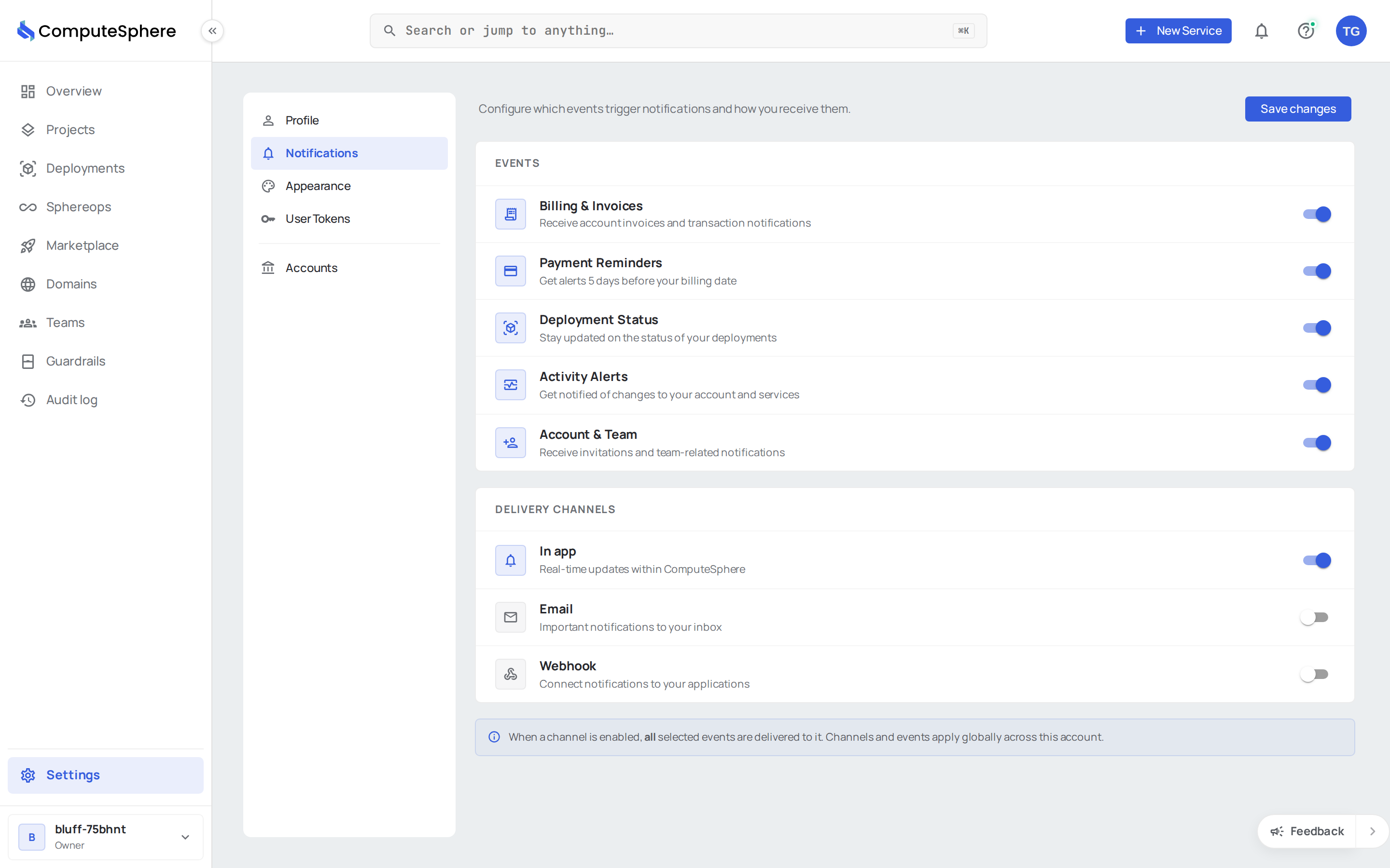 Notifications settings page showing topic toggles for billing, payment, deployment, activity, and account events, with channel toggles for in-app, email, and webhook