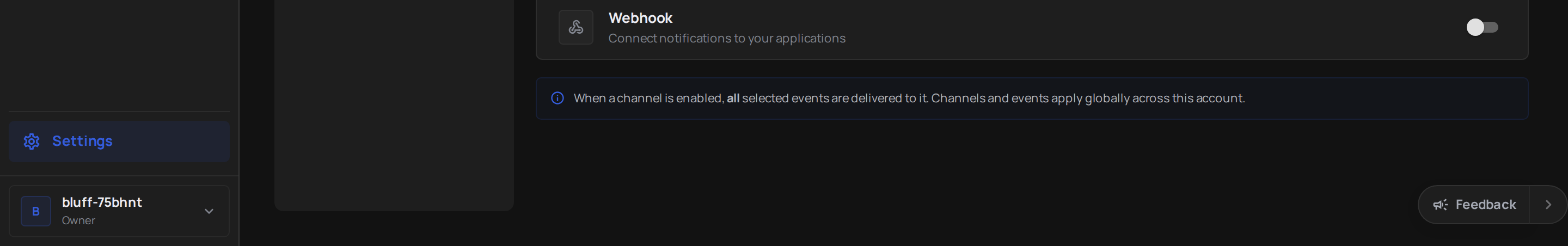 Webhook channel configuration showing URL input, content type selector, optional token field, and update button