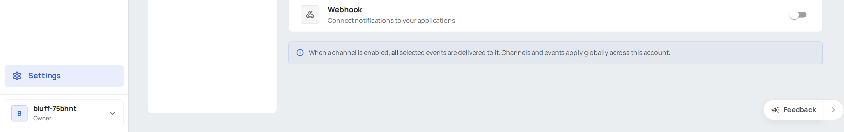 Webhook channel configuration showing URL input, content type selector, optional token field, and update button