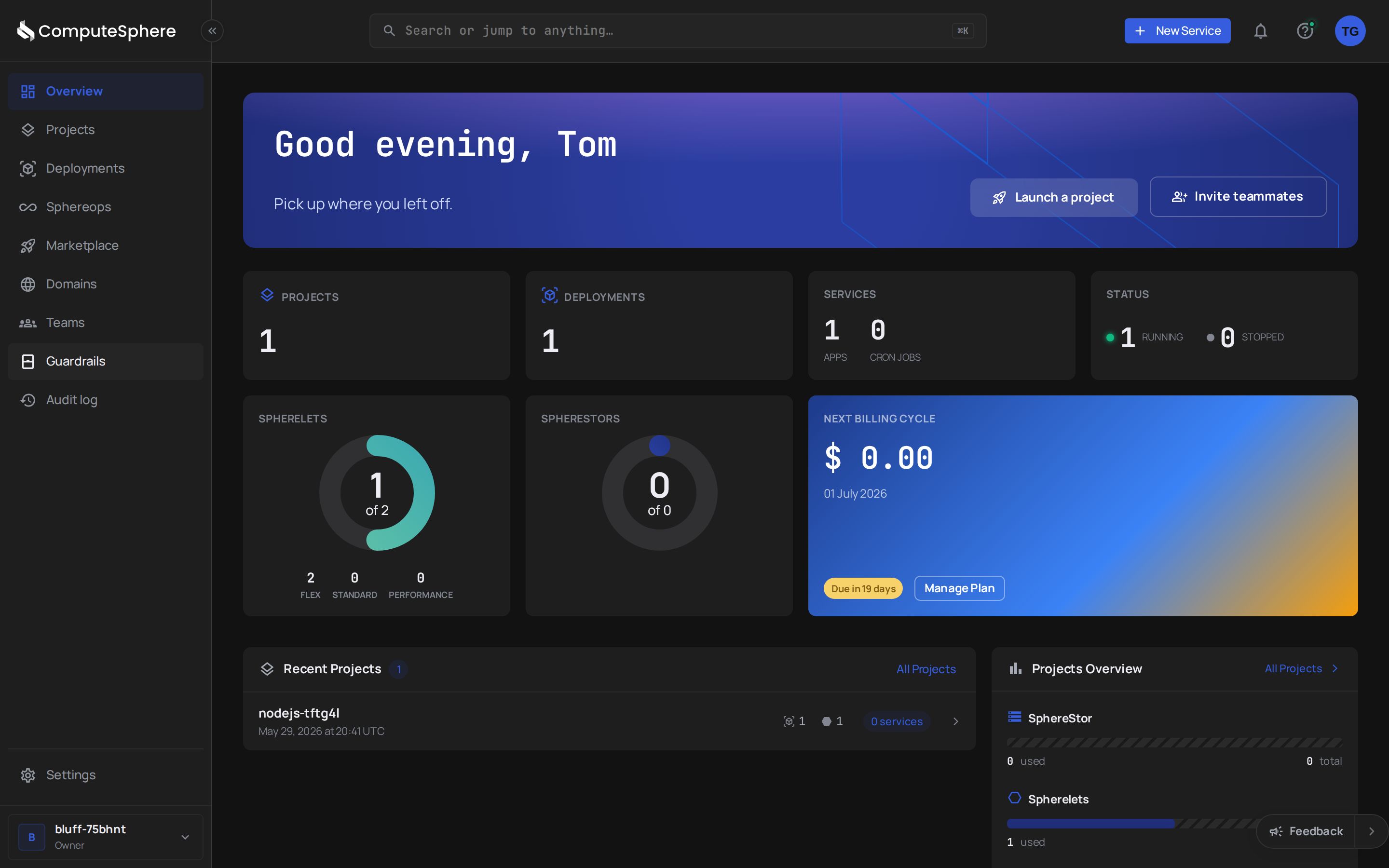 ComputeSphere console Overview dashboard