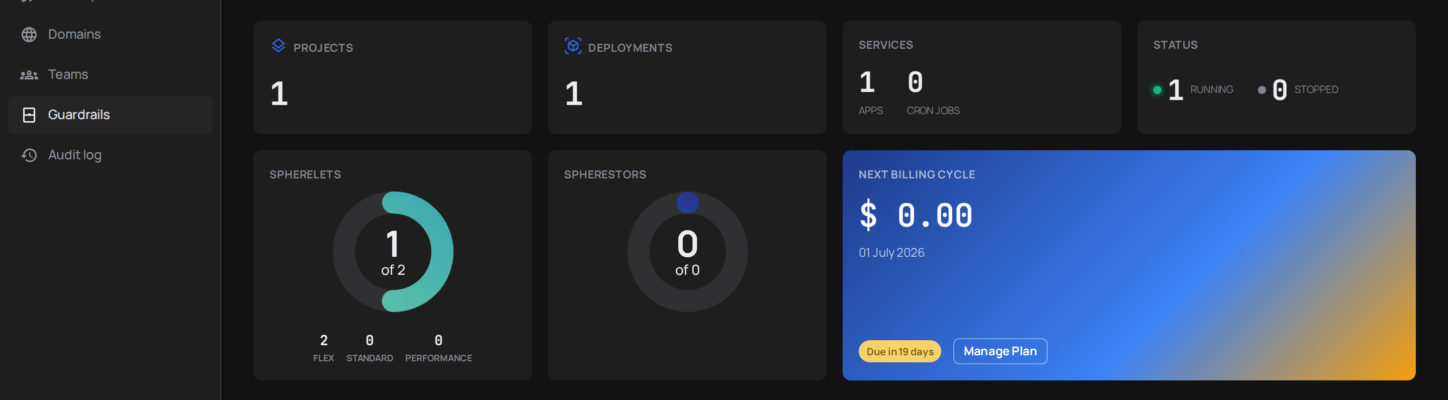 Account summary cards showing projects, deployments, storage, and spherelet counts