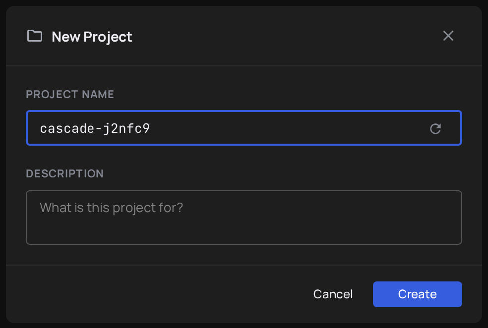 New Project modal showing the Name and Description fields