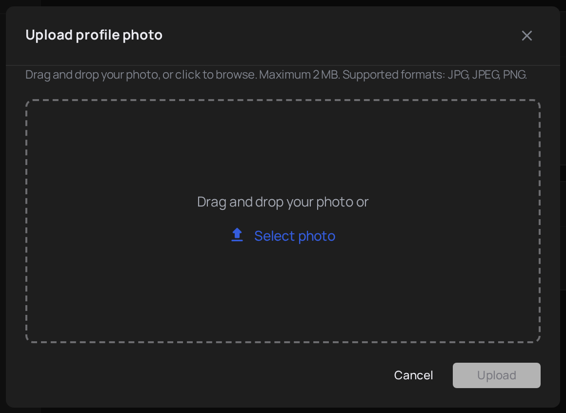 Profile picture upload dialog with browse and drag-and-drop options