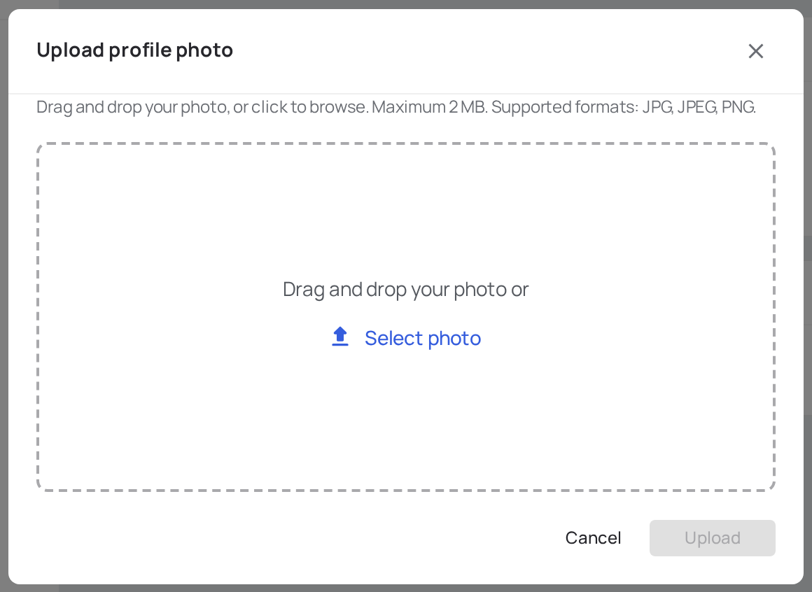 Profile picture upload dialog with browse and drag-and-drop options