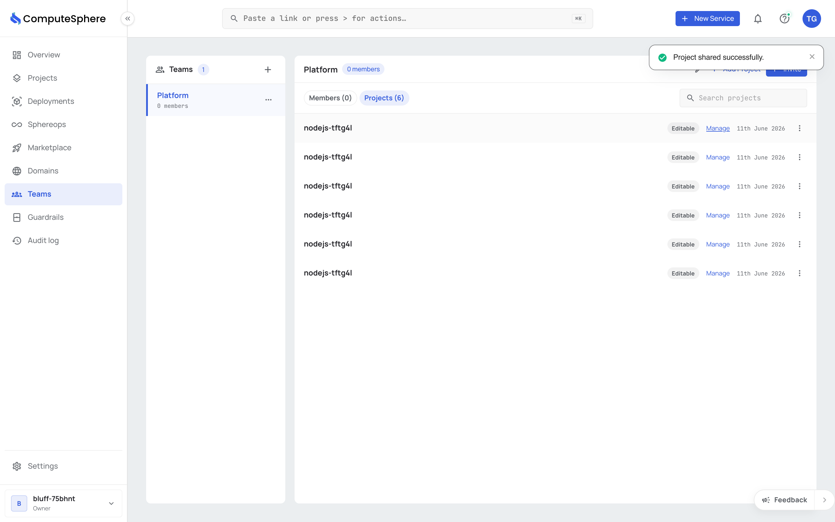 Project row with Manage Access button
